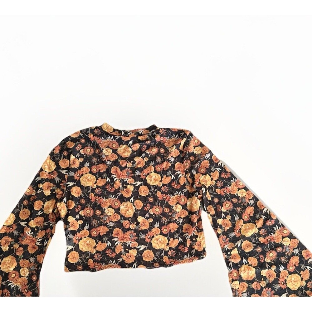 Floral Sheer Chiffon Crop Blouse Bell Sleeve Boho Y2K Festival Fall Goblincore - Picture 1 of 6
